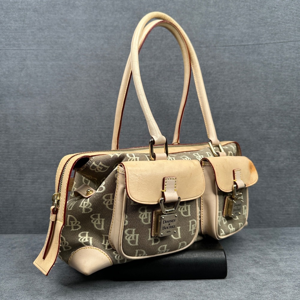 Dooney & Bourke Signature Monogram Canvas Shoulder y2k Bag Lock Pockets Taupe